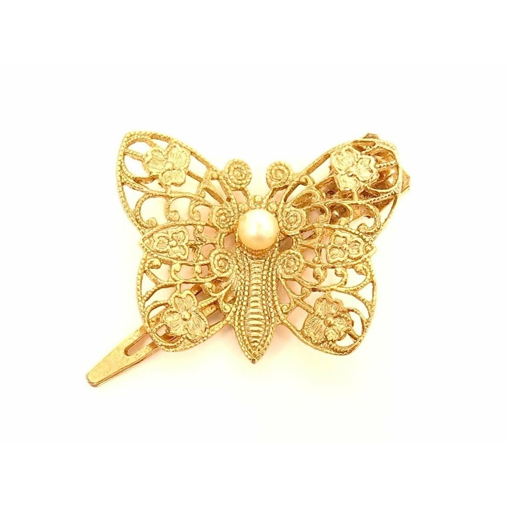 Vintage Filigree Butterfly Hair Clip Gold Toned Pearl Accent‎ Barrette 1-1/4"